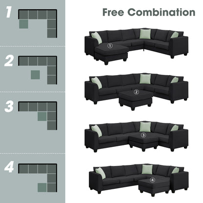 7-Seat Modular L-Shaped Sectional Sofa Set with Ottoman - 112" x 87" Black Polyester Fabric