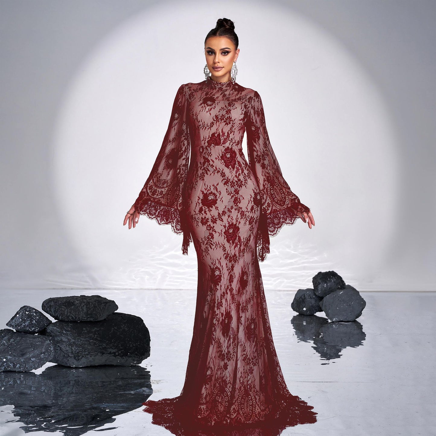 Women's Long Sleeve Round Neck Lace Bodycon Banquet Dress | Voile Overlay