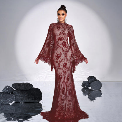 Women's Long Sleeve Round Neck Lace Bodycon Banquet Dress | Voile Overlay