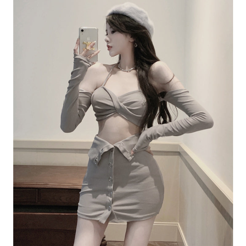 Women's Sling Top and Skirt Knitted Two-Piece Set - Slim Fit Autumn Outfit