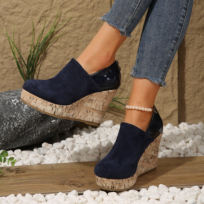 Women's Suede Wedge Heel Shoes with Back Zipper - Round Toe