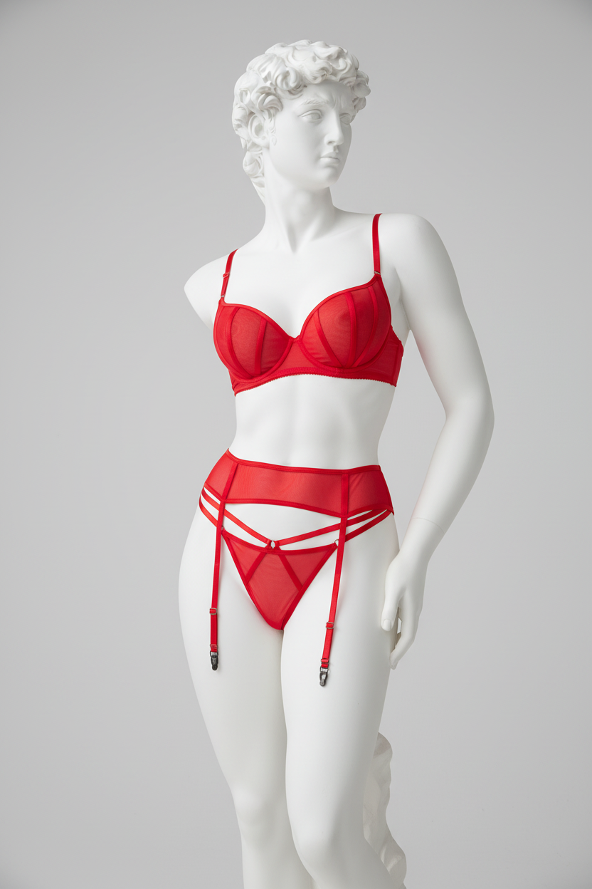 Women's Sheer Mesh Lingerie Set with Garter - Three-Piece Collection
