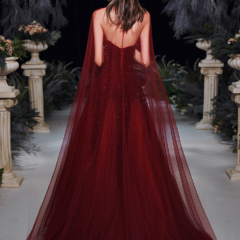Elegant Wine Red Evening Gown - Off-Shoulder Formal Dress for Weddings & Special Occasions