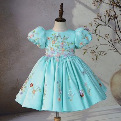 Girls Satin Princess Dress - Sleeveless Floral Party Dress with Bow