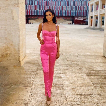 Diamond Sling Satin Jumpsuit - High Waist Sleeveless Rhinestone Romper