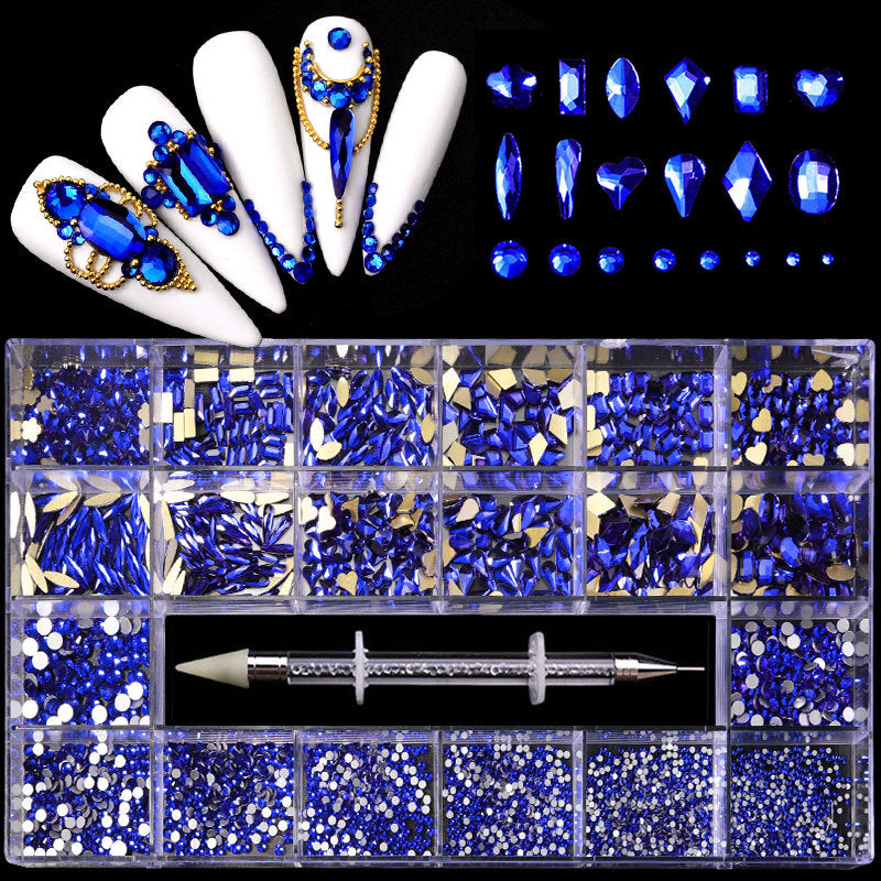 21-Grid Nail Rhinestone Decoration Set - Flat Glass Acrylic Nail Art Jewelry