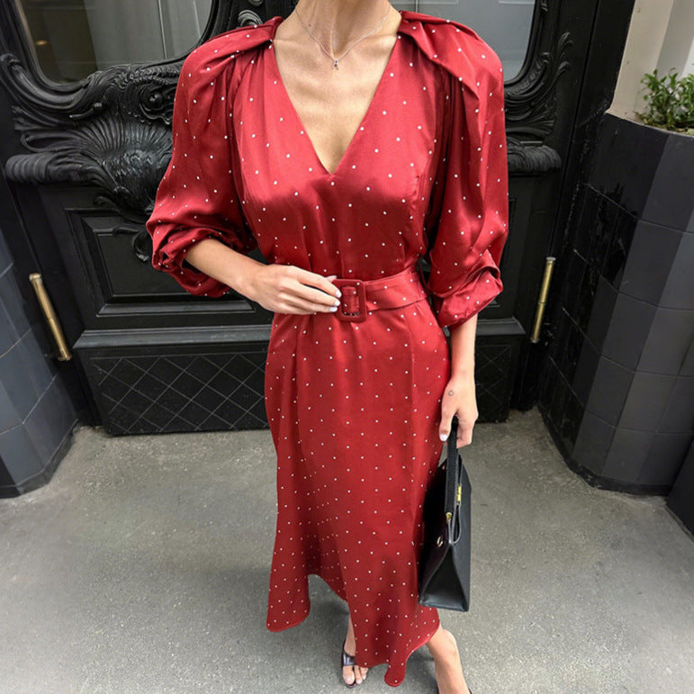French Style V-Collar Polka Dot Satin Dress - High Waist Fishtail Skirt Long Dress