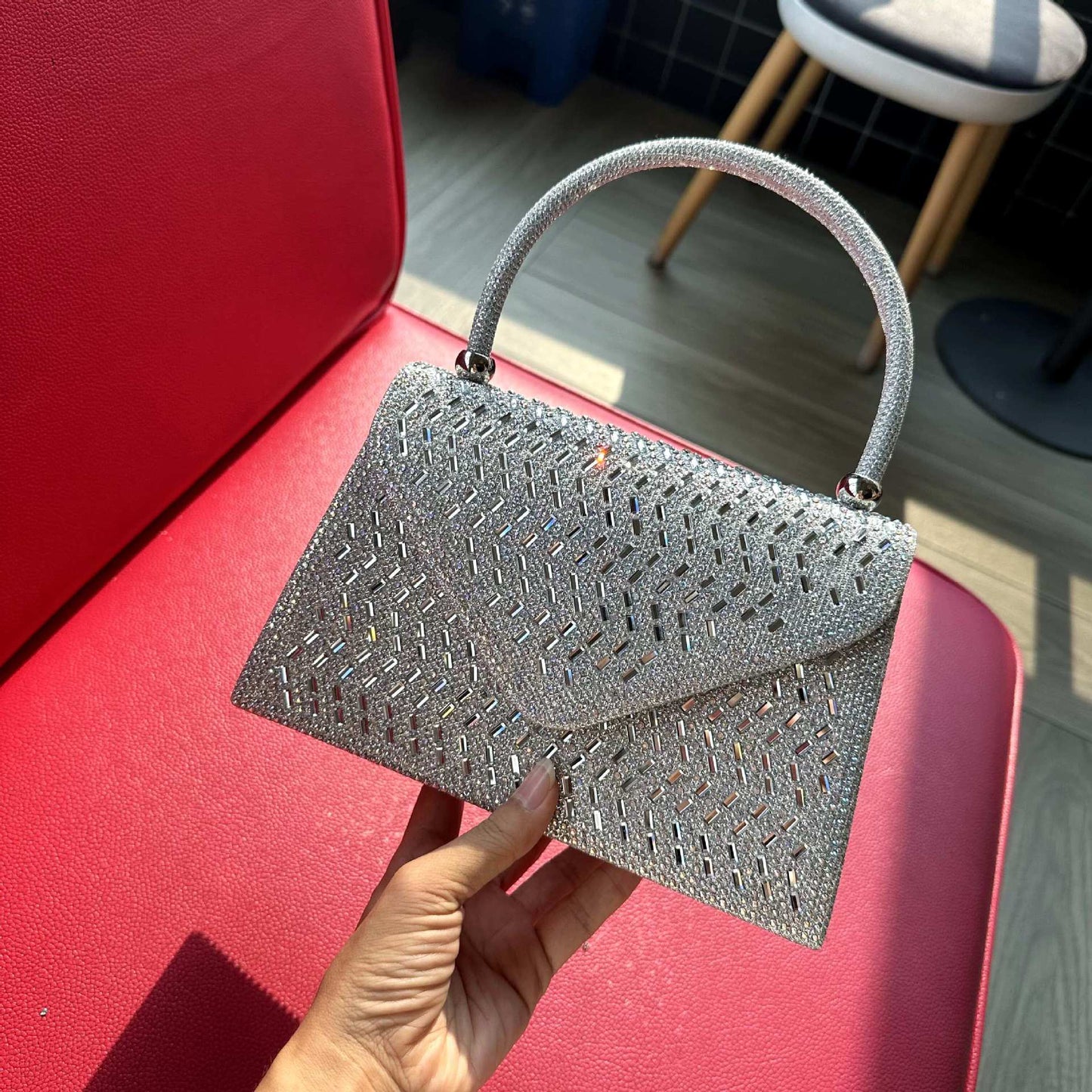 Rhinestone Evening Clutch Handbag - Metallic Nylon Dinner Bag
