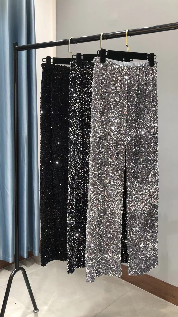 Women's Sequined High-Waist Wide Leg Pants - Korean Velvet Trousers