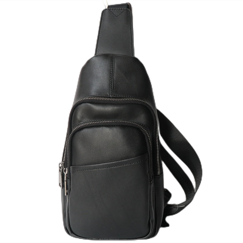 Black Top Layer Cowhide Leather Japanese Casual Chest Bag - Crossbody Sling Bag