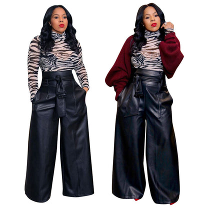 Women's PU High-Waist Straight-Leg Pants - Urban Style Full-Length Trousers