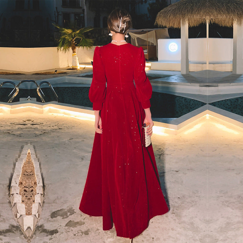 Women's Red Long-Sleeve Mid-Rise Evening Gown