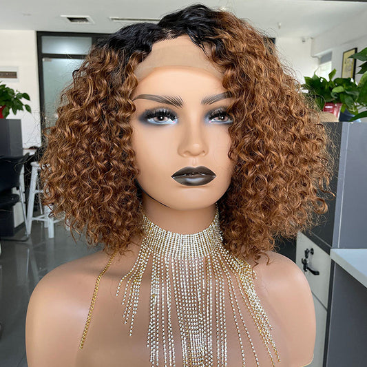 Ombre Curly Bob Wig 1B/30 - Human Hair Lace Wig with Side-Swept Bangs