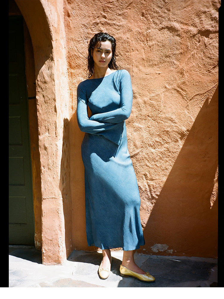 Silk Sun Protection Midi Dress - V-neck Long Sleeve A-line