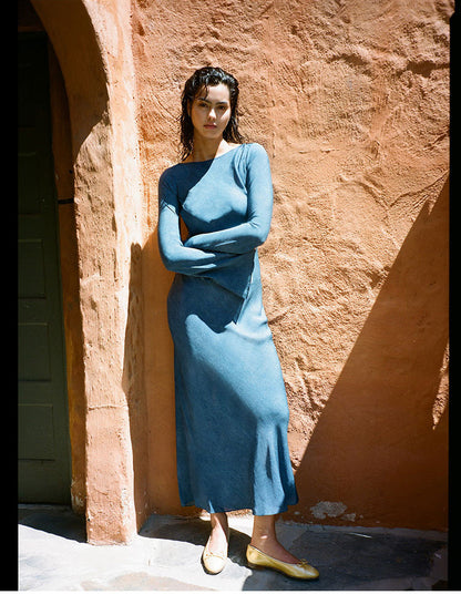Silk Sun Protection Midi Dress - V-neck Long Sleeve A-line