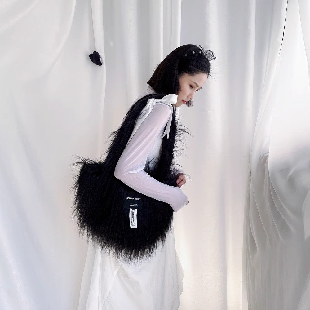Faux Fur Arc Shoulder Bag - Plush Large Capacity Crossbody with Curved Design