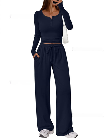 Women's Comfortable Casual Long-Sleeve Wide-Leg Pants Set - Japandi Style Pleated Top with Polyester