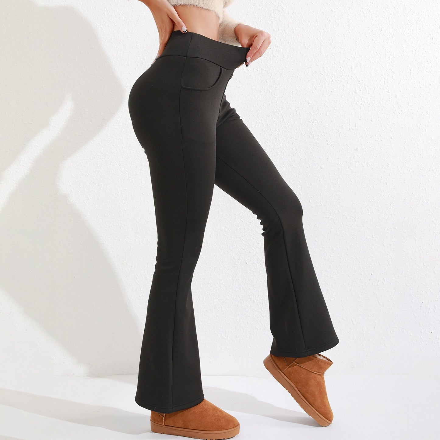 High Waist Brushed Fleece Trousers - Women's Button Detail Casual Pants