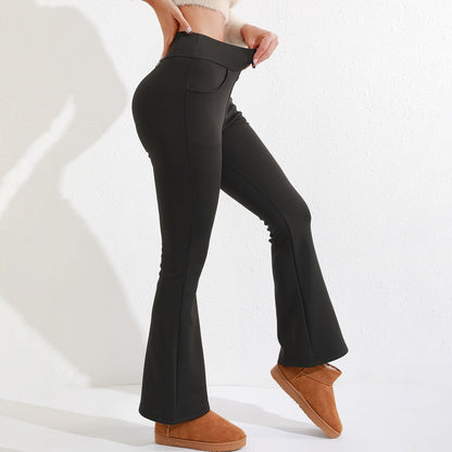 High Waist Brushed Fleece Trousers - Women's Button Detail Casual Pants
