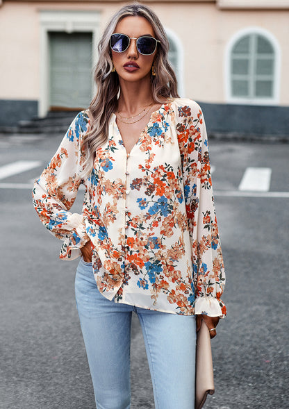 Women's Floral Print V-Neck Chiffon Blouse - Long Sleeve Casual Top