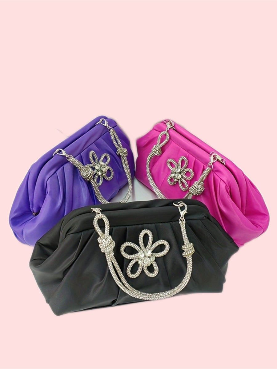 Polyester Evening Clutch - Shell Shape Shoulder Bag with Diamond Detail and Chain