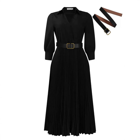 Women's High-Waisted Elegant Pleated Solid-Color Dress - Mid-Length