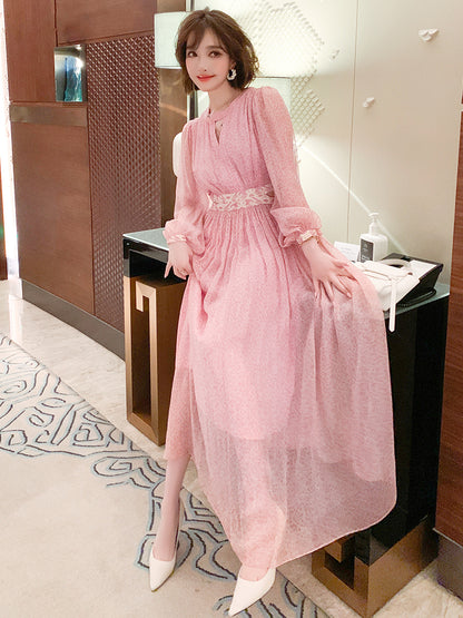 Floral Silk Maxi Dress - V-neck Long Sleeve Swing Dress