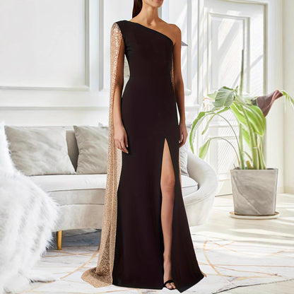 Women's One-Shoulder Long Sleeve Cloak Slit Maxi Dress – Elegant Party Gown