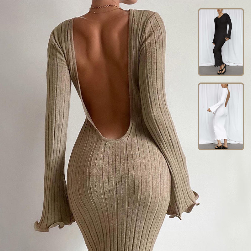 High Waist A-Line Maxi Dress - Long Sleeve Cotton Knit Dress
