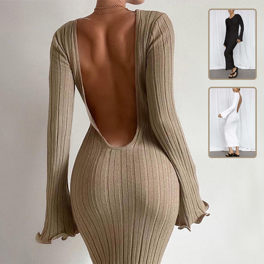 High Waist A-Line Maxi Dress - Long Sleeve Cotton Knit Dress