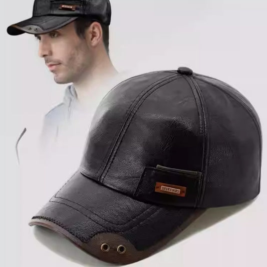 Winter Leather Fleece-Lined Baseball Cap - Warm Windproof Adjustable Hat