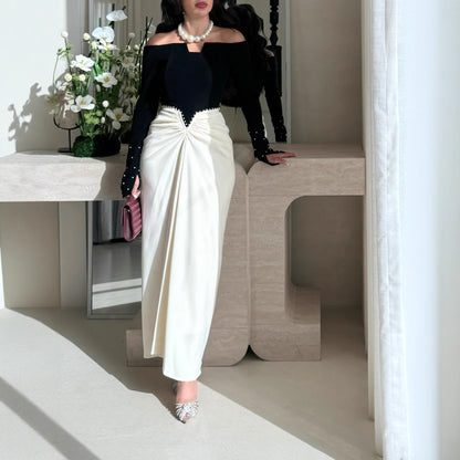 Women's Color-Block Pearl Embellished Sheath Dress – Long Sleeve Mid-Rise Elegant Dress