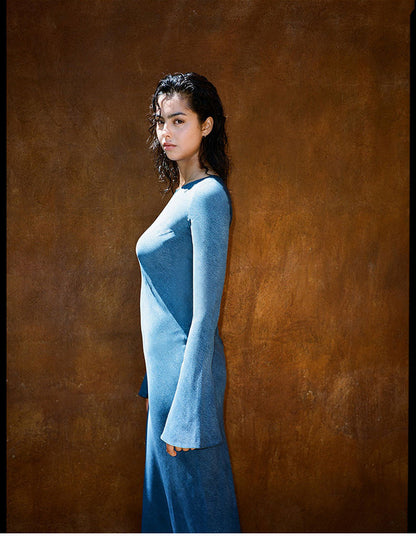 Silk Sun Protection Midi Dress - V-neck Long Sleeve A-line