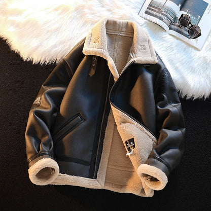 Men's Winter Fleece-Lined PU Leather Jacket with Lamb Wool