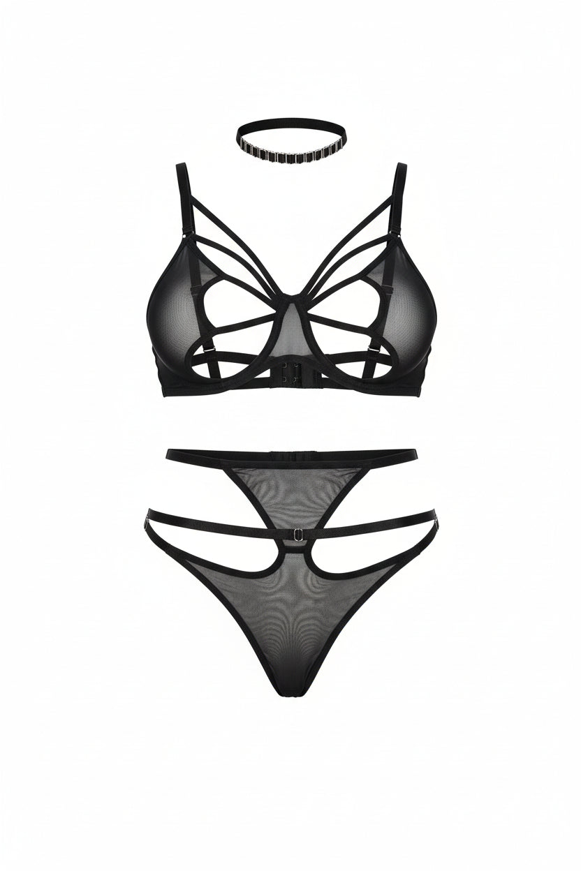 Women's Four-Piece Mesh Lingerie Set - Delicate Cutout Design with Garter