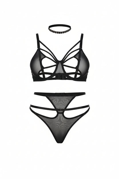 Women's Four-Piece Mesh Lingerie Set - Delicate Cutout Design with Garter