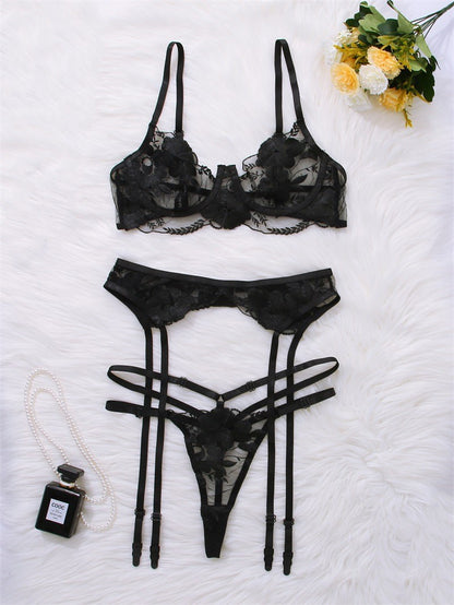 Embroidered Lingerie Set - Three-Piece Underwire Bra Collection