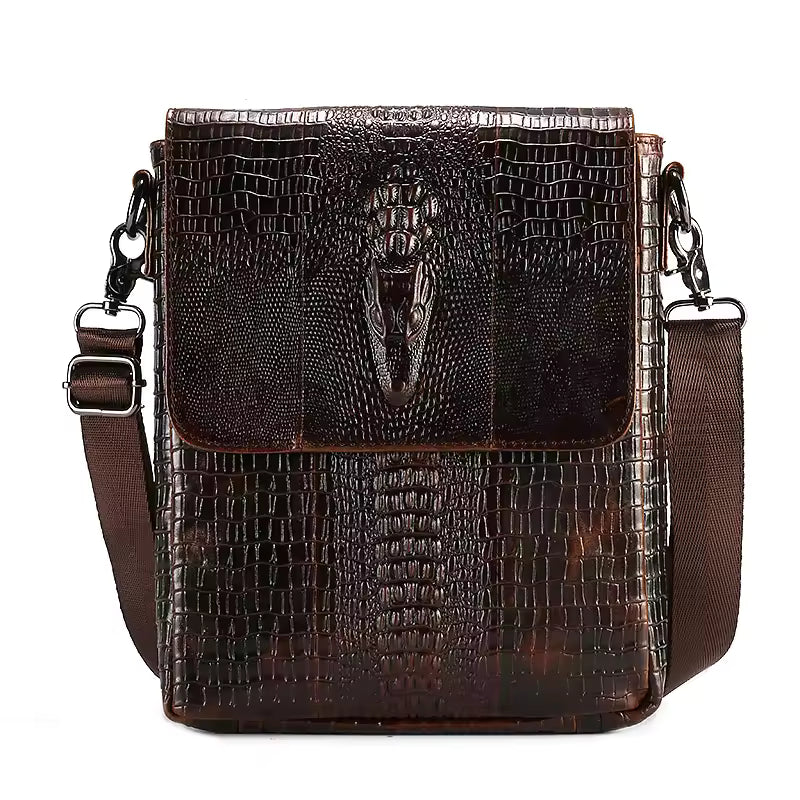 Crocodile-Embossed Crossbody Messenger Bag – Brown Textured Shoulder Bag for Men & Women