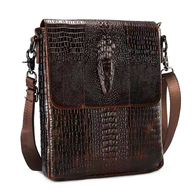 Crocodile-Embossed Crossbody Messenger Bag – Brown Textured Shoulder Bag for Men & Women