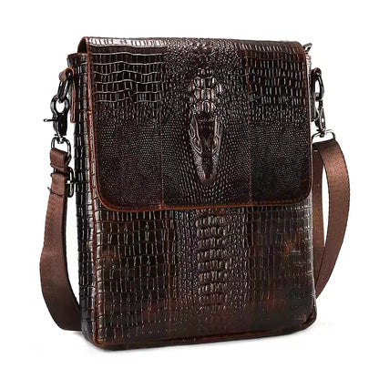 Crocodile-Embossed Crossbody Messenger Bag – Brown Textured Shoulder Bag for Men & Women