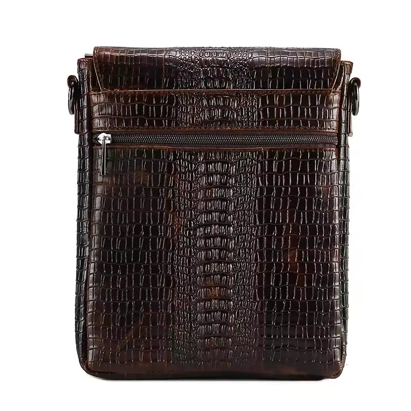 Crocodile-Embossed Crossbody Messenger Bag – Brown Textured Shoulder Bag for Men & Women