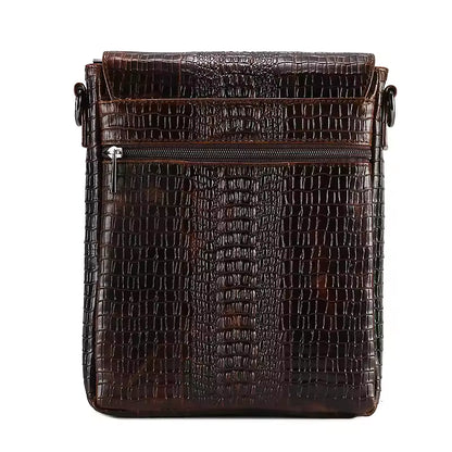 Crocodile-Embossed Crossbody Messenger Bag – Brown Textured Shoulder Bag for Men & Women