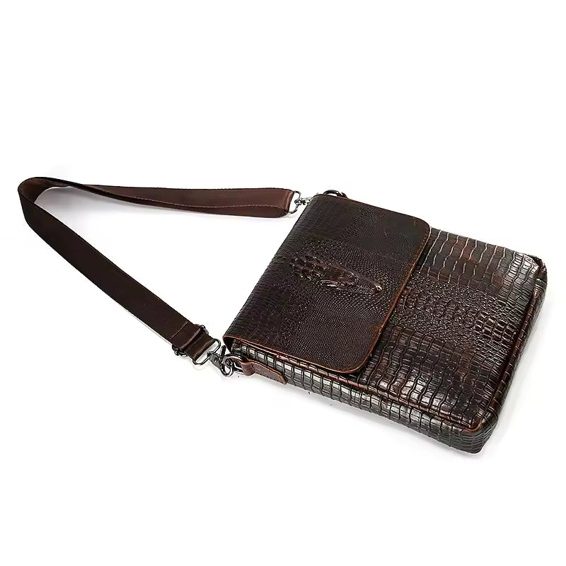 Crocodile-Embossed Crossbody Messenger Bag – Brown Textured Shoulder Bag for Men & Women