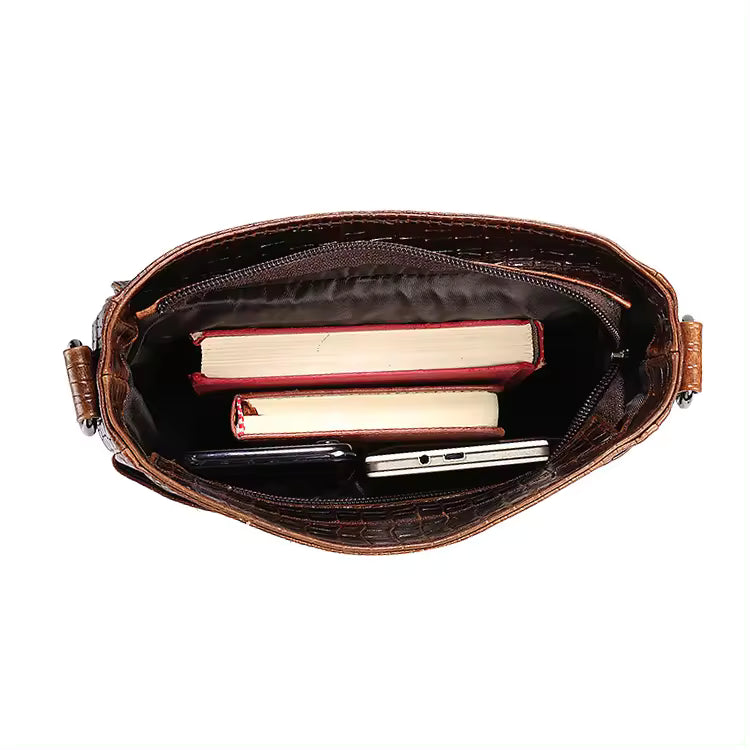 Crocodile-Embossed Crossbody Messenger Bag – Brown Textured Shoulder Bag for Men & Women