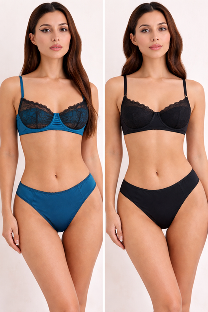 Women's Contrast-Color Patchwork Ultra-Thin Bra and Thong Set