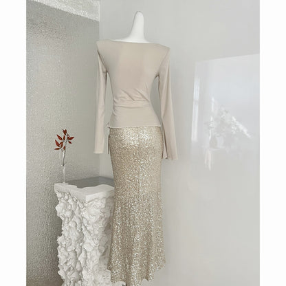 Women's Champagne Gold Sequin Two-Piece Evening Gown Set — Ruched Top & Mermaid Skirt