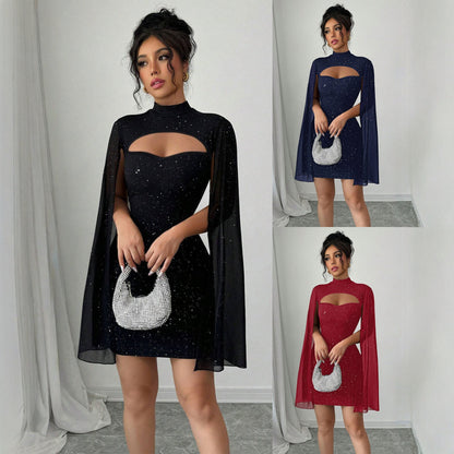 Women's Round-Neck Ribbed Pearl Chiffon Cape Bodycon Dress - Elegant Mini Dress