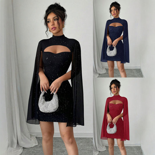 Women's Round-Neck Ribbed Pearl Chiffon Cape Bodycon Dress - Elegant Mini Dress