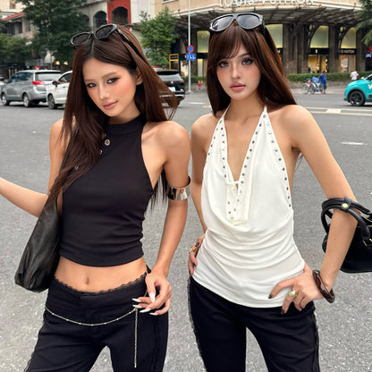 Women's Asymmetric Ruffled Neckline Vest with Tie Details - Halter Neck Slim Fit Top