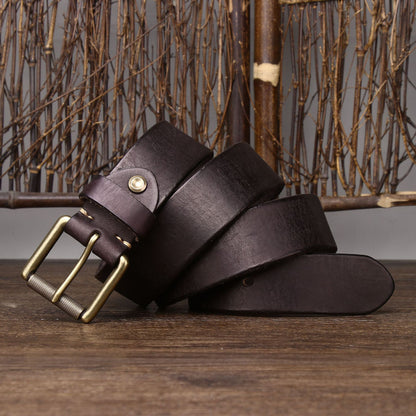 Handmade 4CM Wide First Layer Cowhide Leather Belt - Thickened Genuine Leather with Copper Buckle